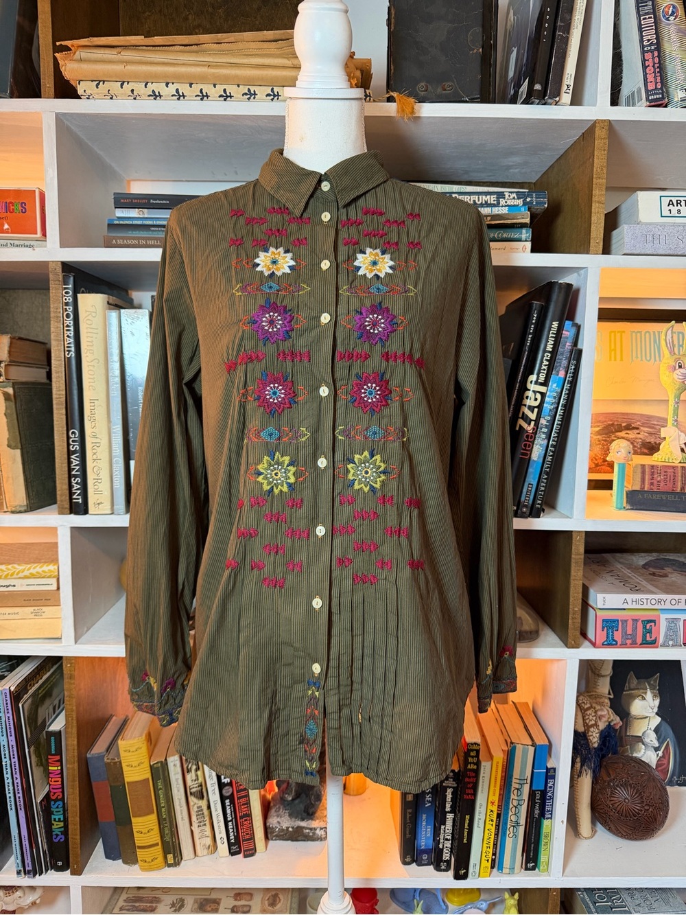 Olive Embroidered Button-Front Women's Shirt